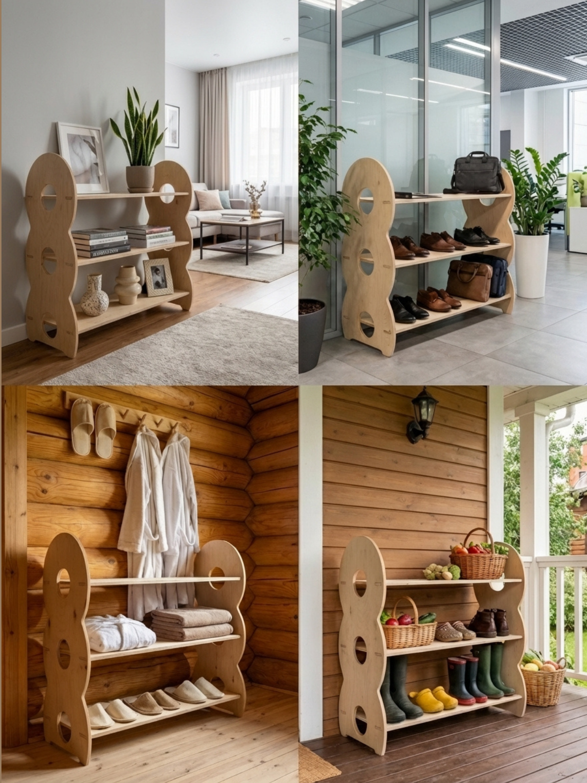 Обувница 2 яруса в прихожую с полками деревянная открытая - фото товара