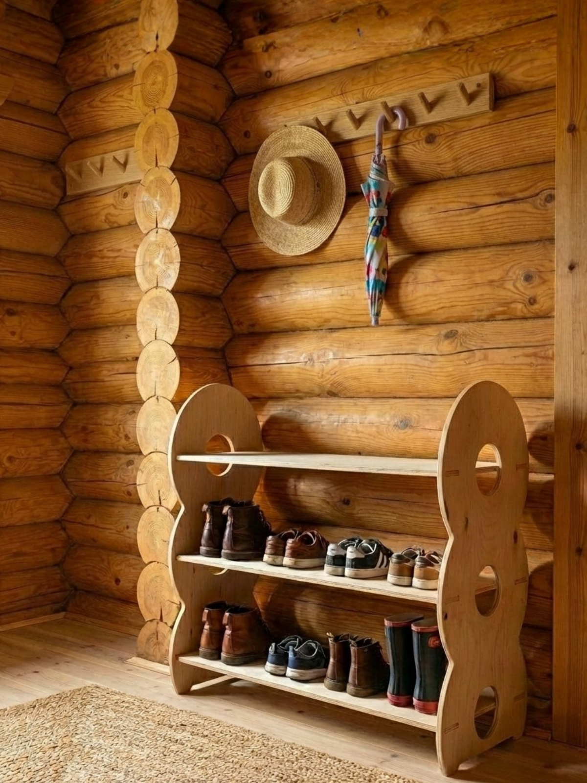 Обувница 2 яруса в прихожую с полками деревянная открытая - фото товара