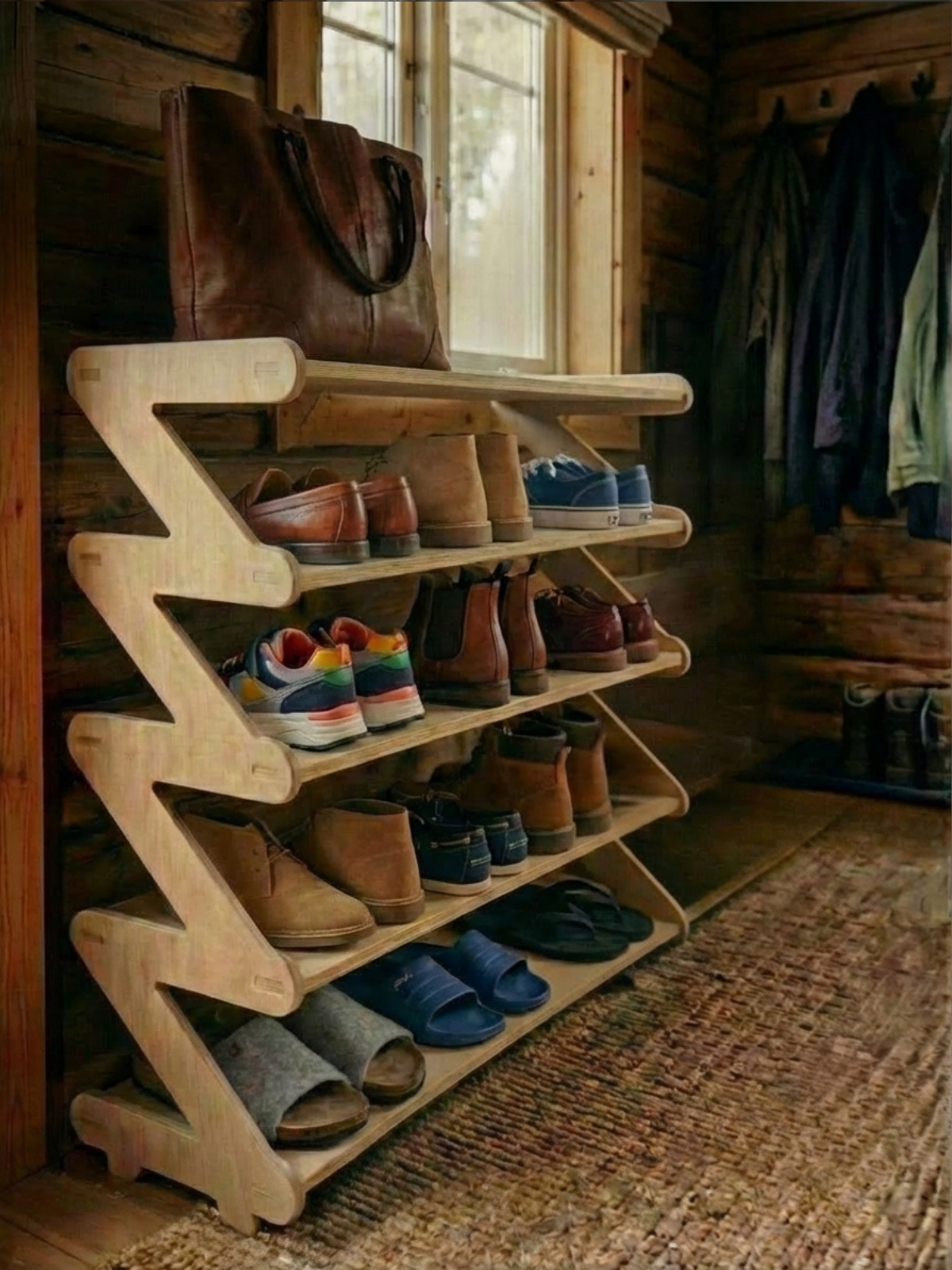 Обувница 4 яруса в прихожую с полками деревянная открытая - фото товара